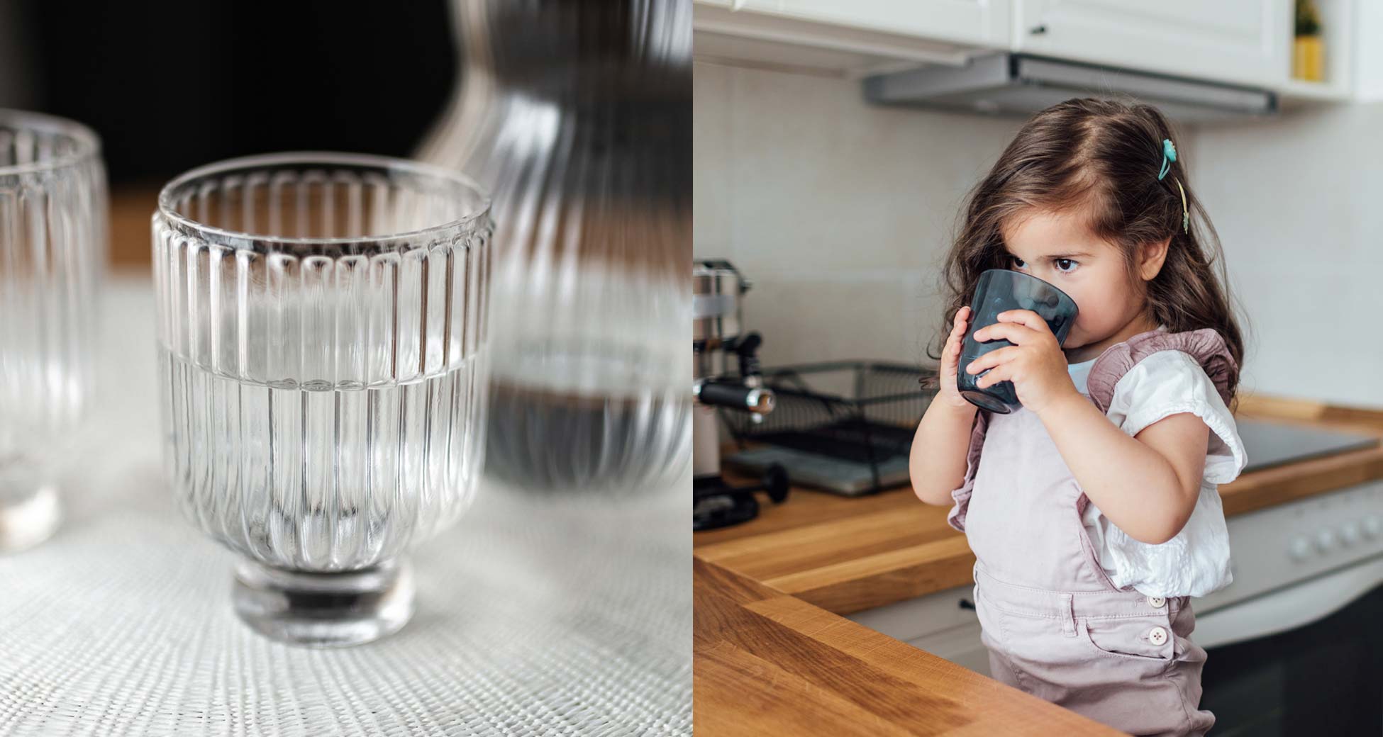 Composite photograph of a glass of water and a young girl drinking water